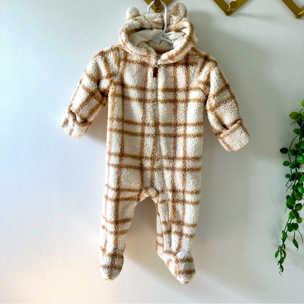 Carter's Cream and Brown Plush Footie with Hood - Size 6M